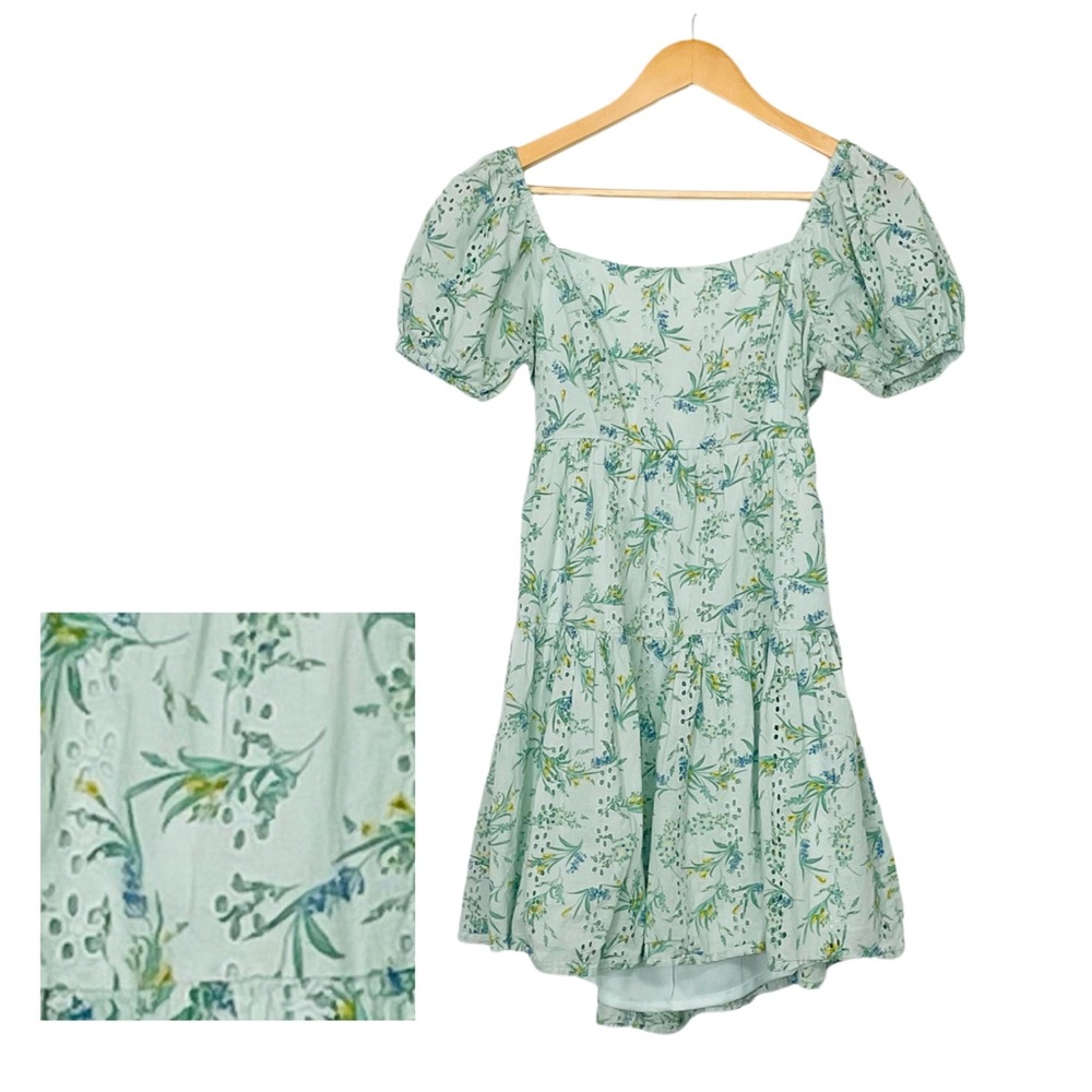 Jessica Simpson Floral Puff Sleeve Mini Dress Square Neckline Tiered Skirt Small